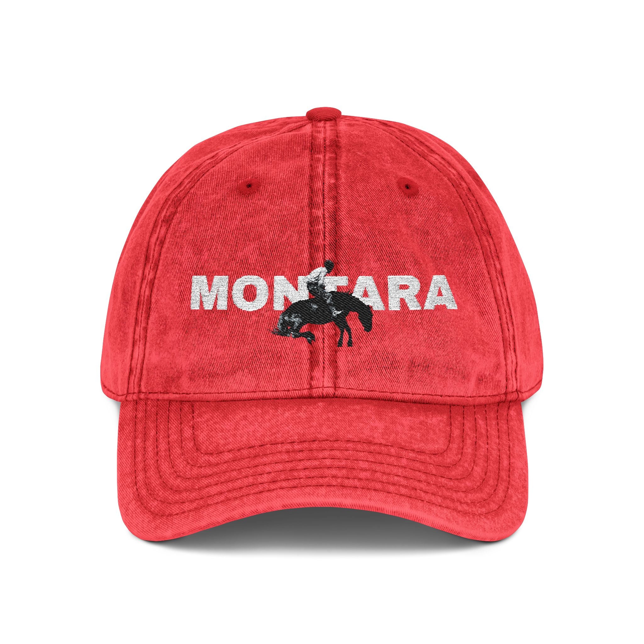 Red cap with 'Montara' and horse graphic 